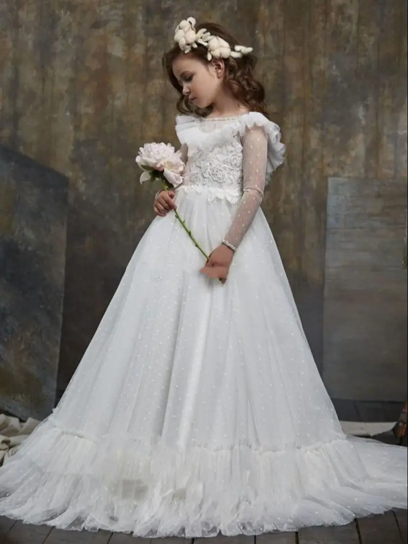 

Flower Girl Dress with Long Train Girls Princess Wedding Party Dress Girl Birthday Dresses Fashion Girl Vintage Dresses