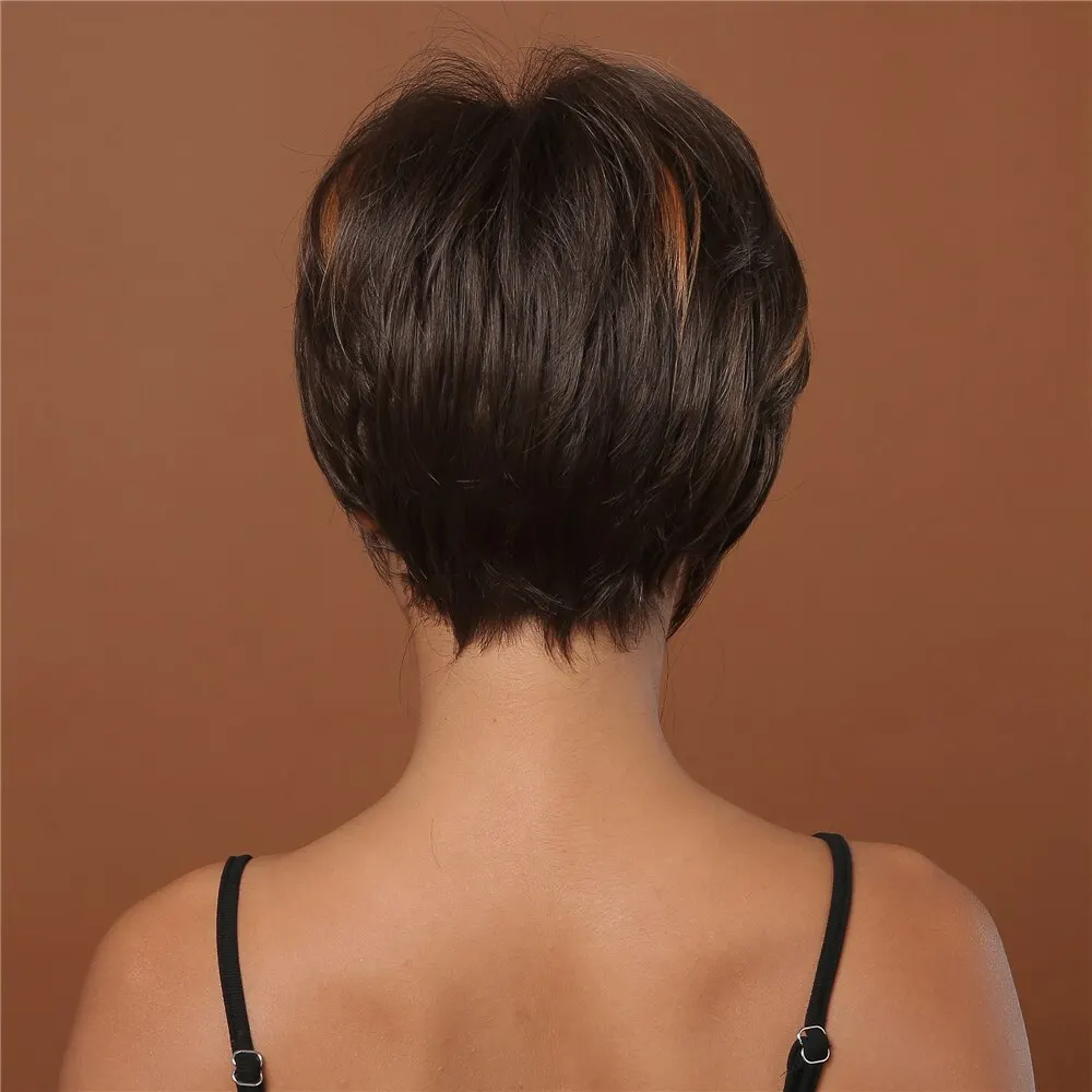 흑인 여성용 브라운 합성 헤어 가발, 짧은 픽시 컷 헤어 가발, 앞머리 포함, 파티 데일리 사용 가발, 자연스러운 모발, 내열성