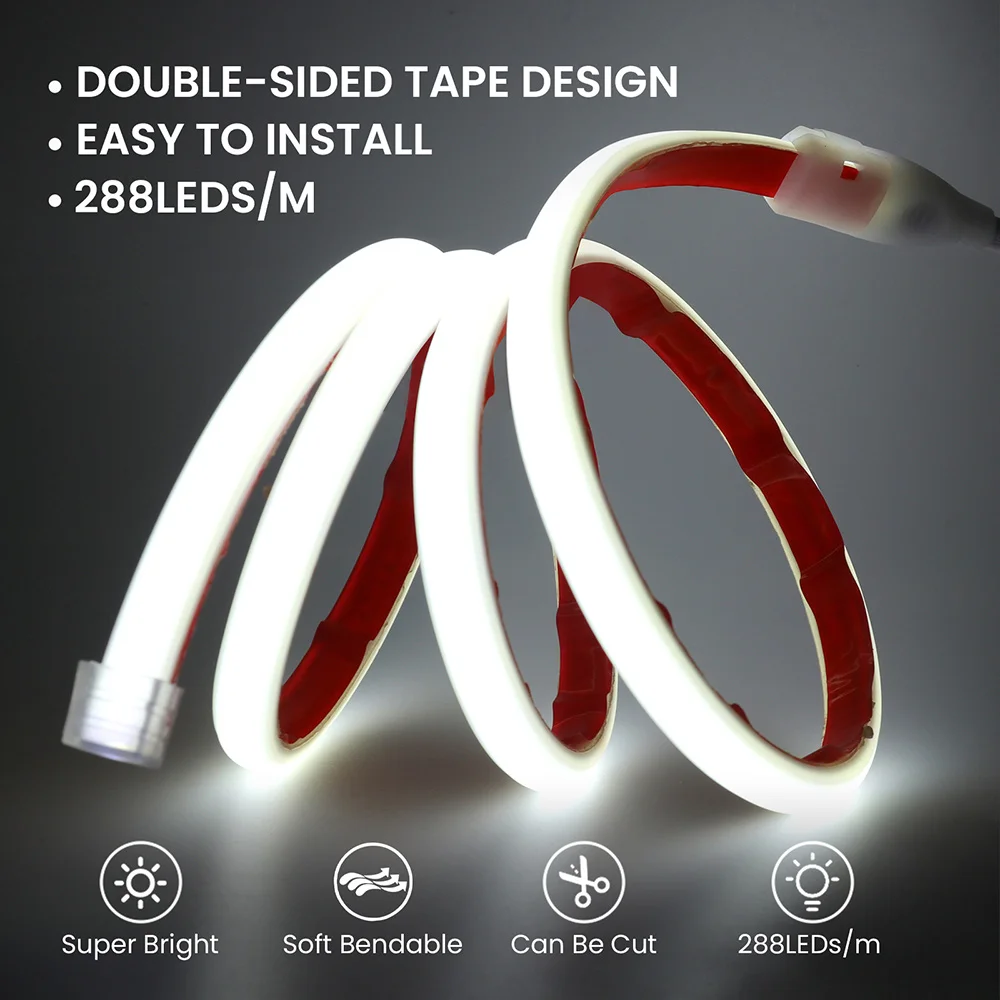 방수 COB LED 스트립 네온 조명, 스위치 전원 키트, 접착 테이프, 288 LED, 유연한 램프, 고밀도 선형 조명, 220V