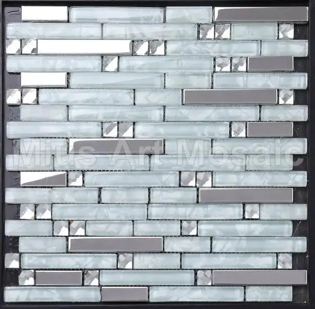

Snow White glass mosaic strip stainless steel metal mirror tile kitchen tile wall tile