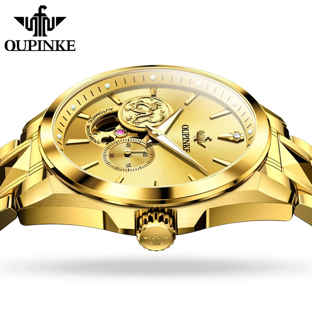 OUPINKE 3260 Real Diamond Mechanical Watch For Men Real Gold Hollow Dial Men's Watches Luxury Waterproof Automatic Wristwatch