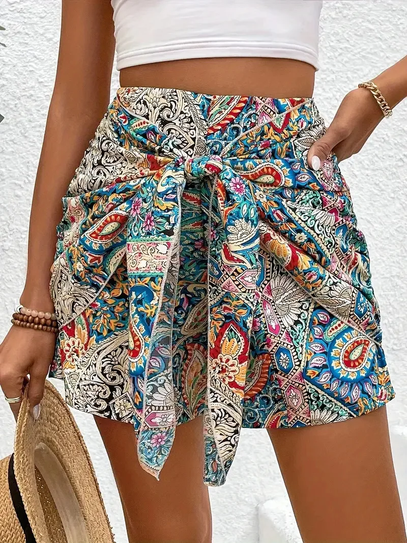2026 Summer New Boho Paisley Print Wrap Skort High Waist Tie Front Scarf Hem Casual Beach Shorts for Woman Clothes