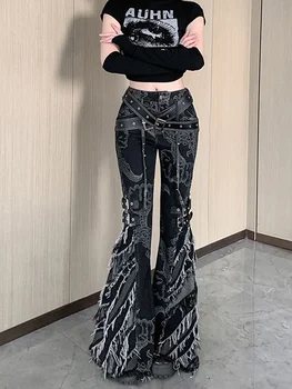 2024 Women's New Printing Flare Jeans Y2k Slimming Straight Leg Fashion Streetwear Denim Horseshoe Trousers Autumn/Winter 1