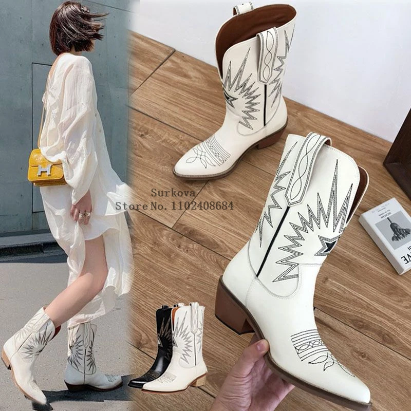 

Black White Western Cowboy Boots Ladies Embroidered Pointed Toe Leather Ankle Boots Women Chunky Heels Motorcycle Chelsea Shoes