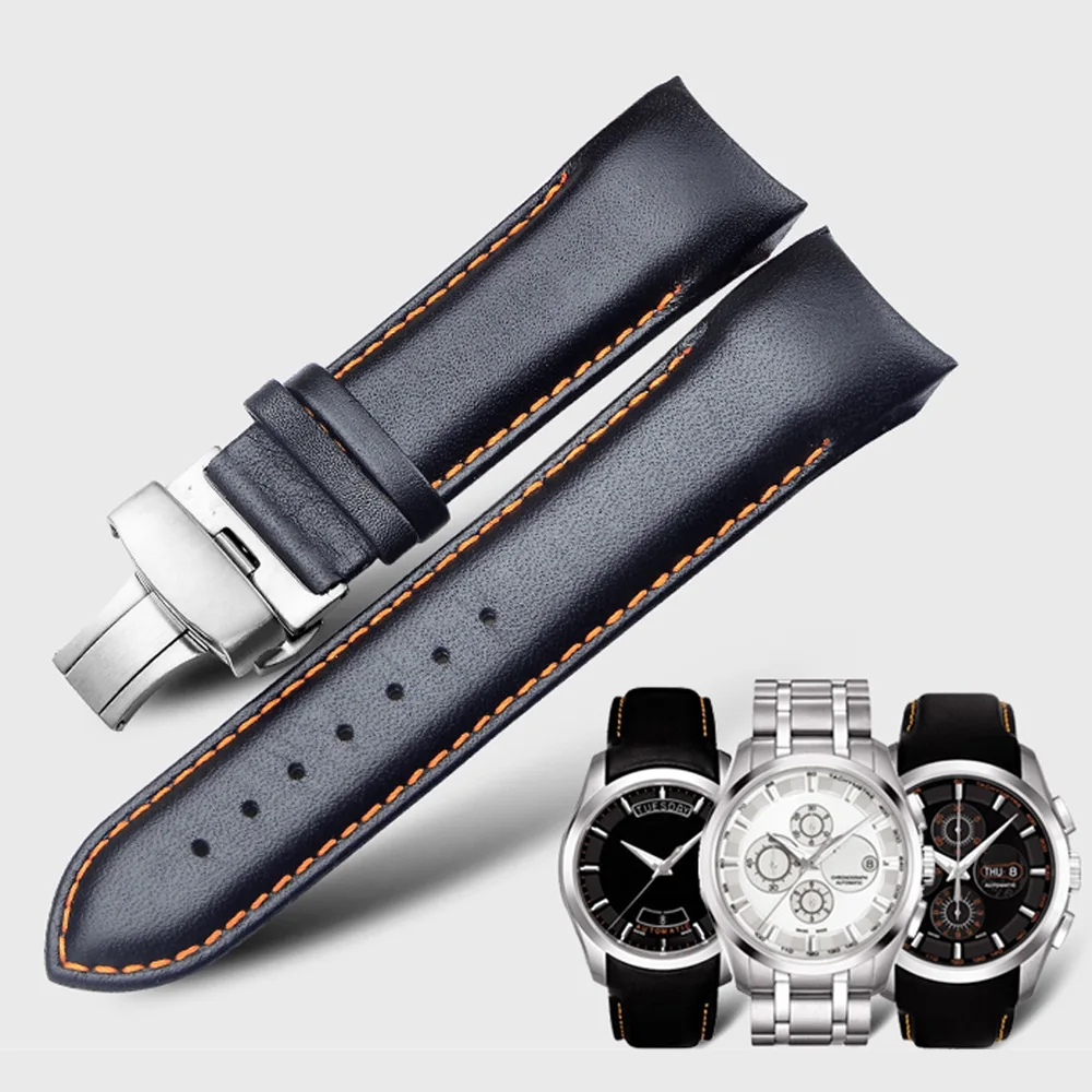 Curved End Genuine Brown Leather Watchband with Steel Buckle, 22mm-24mm