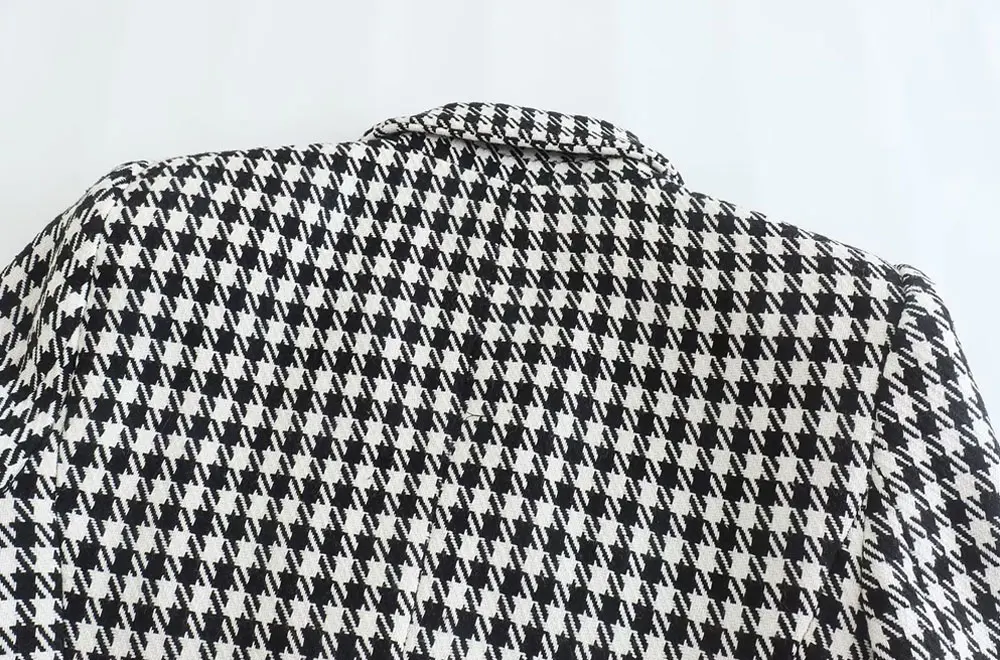 TRAF Women Fashion Double Breasted Houndstooth Blazer Coat Vintage Long Sleeve Flap Pockets Female Outerwear Chic Vestes Suit