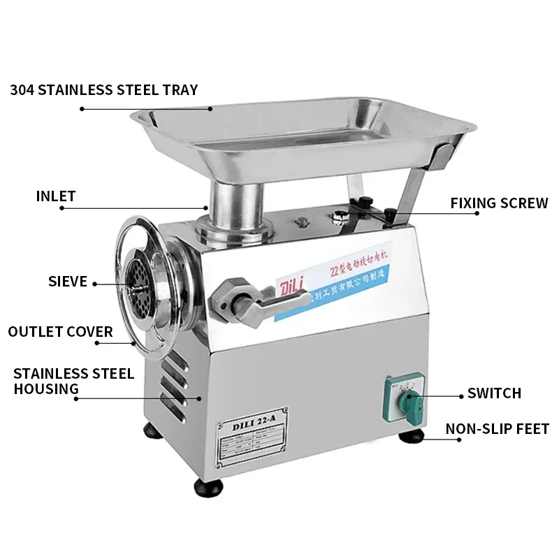 22-A Meat Grinder Stainless Steel 1100W High Power Commercial Electric Meat Grinder Super Power 250KG/H 6