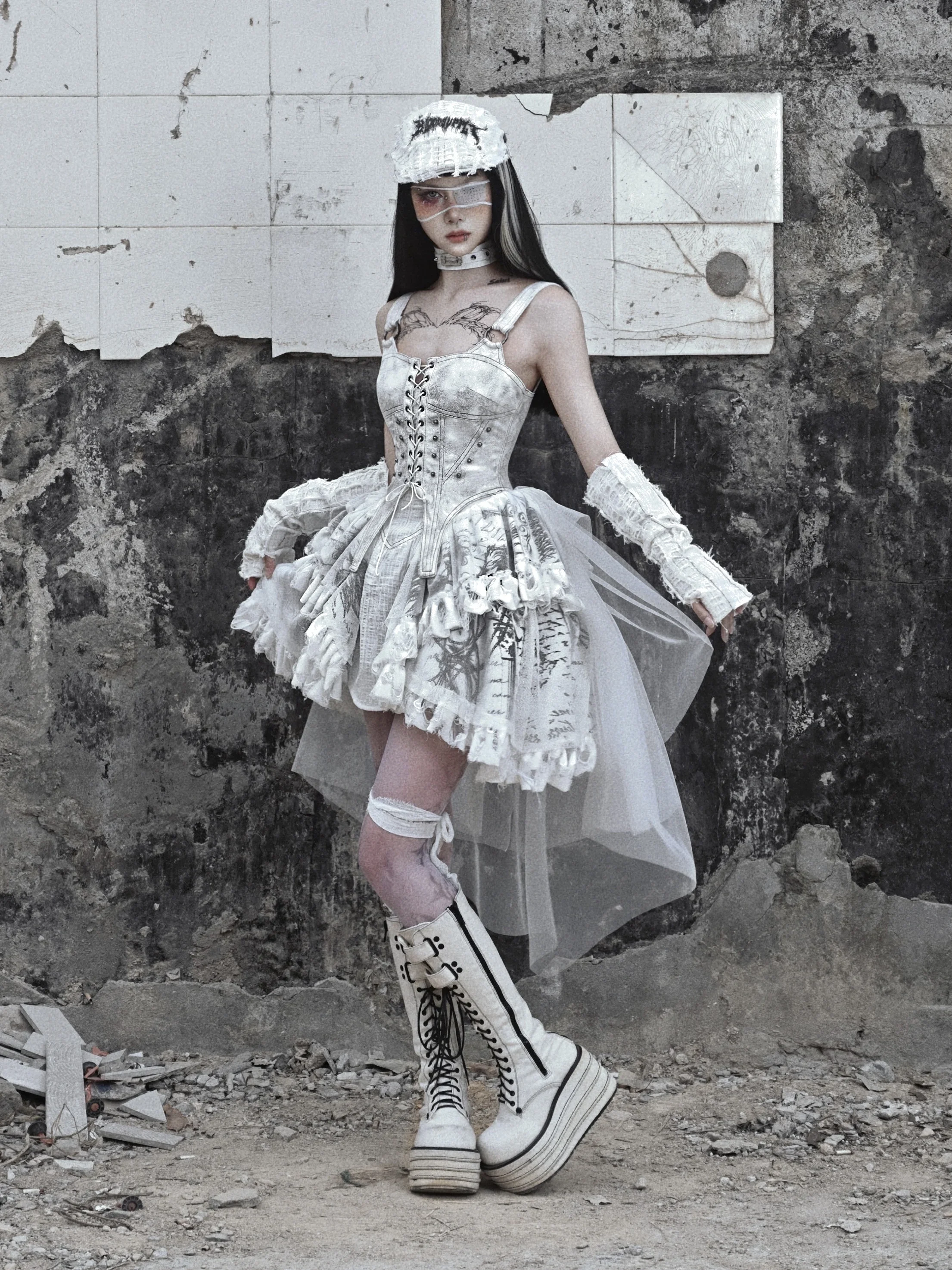 BLESSUME Vintage Lolita Halsband – Gothic Punk Halskrause Aus Spitze, Mit Strass & Schleife (Weiß)