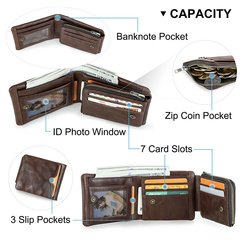 CONTACT'S Genuine Leather Men Wallet Small RFID Casual Trifold Short Wallets Zipper Coin Pocket Male Card Holder Purse 5