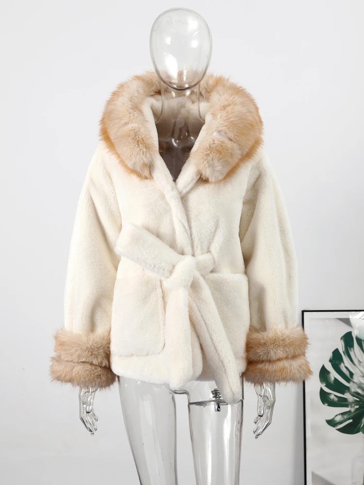 Damen-Bomberjacke mit Kapuze, Kunstpelzkragen, Schnürung, Wintermäntel, Herbst 2025, langärmelig, pelzig, warmer Mantel, modische Damen-Oberbekleidung – Detail 5