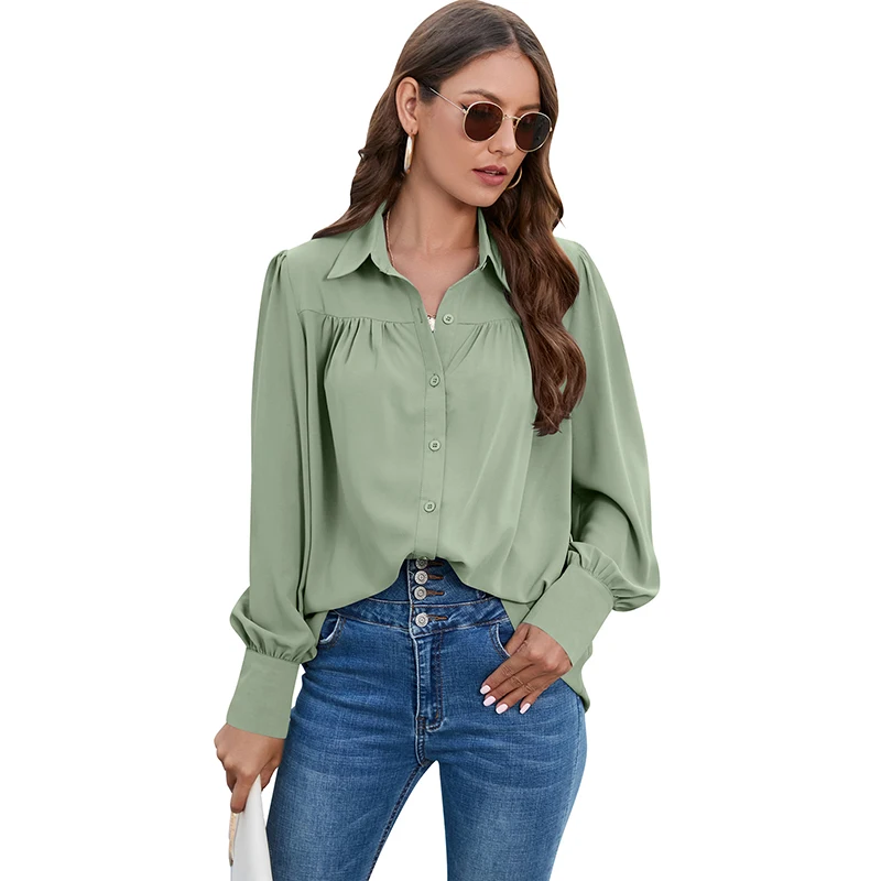 

Female Blouse Spring New V-neck Button Decoration Long Sleeve Solid Office Lady Loose Fashion Temperament Casual Women Blouse