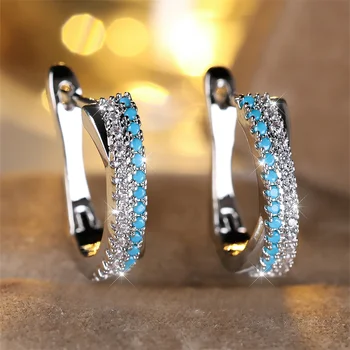 Green Crystal Multicolor Zircon Earring Cute Blue Turquoise Hoop Earrings For Women Vintage Fashion Silver Color Wedding Jewelry