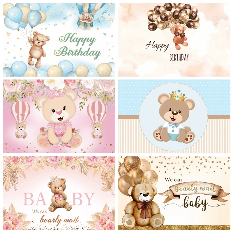 

Teddy Bear Birthday Backdrop Pink White Stripes Newborn Baby Shower Party Photography Background Photocall Photo Studio Props