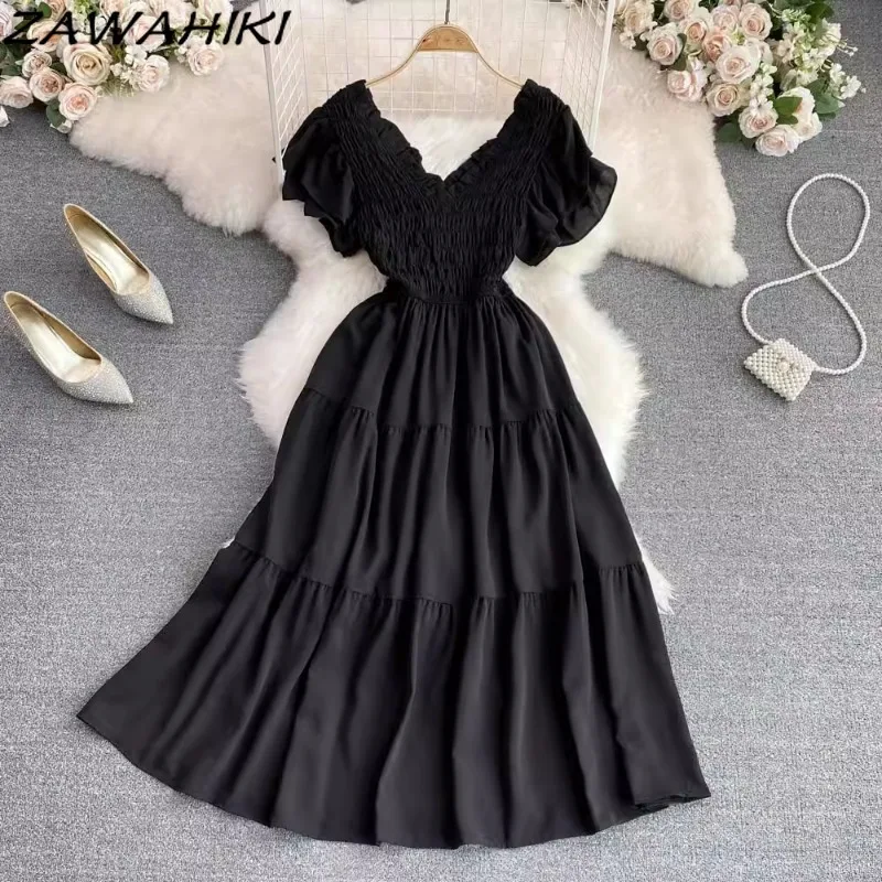 

Long Dress Women Temperament Pleated Solid Color Robe Femme Patchwork Slim Waist Vestidos Office Lady Ruffles Female Clothing