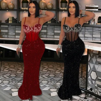 Long Dress Women Sexy Party Dresses Sling Bodycon Vestidos Streetwear Club Sequin Hot Drilling Elegant High Waist Y2k Evening 1