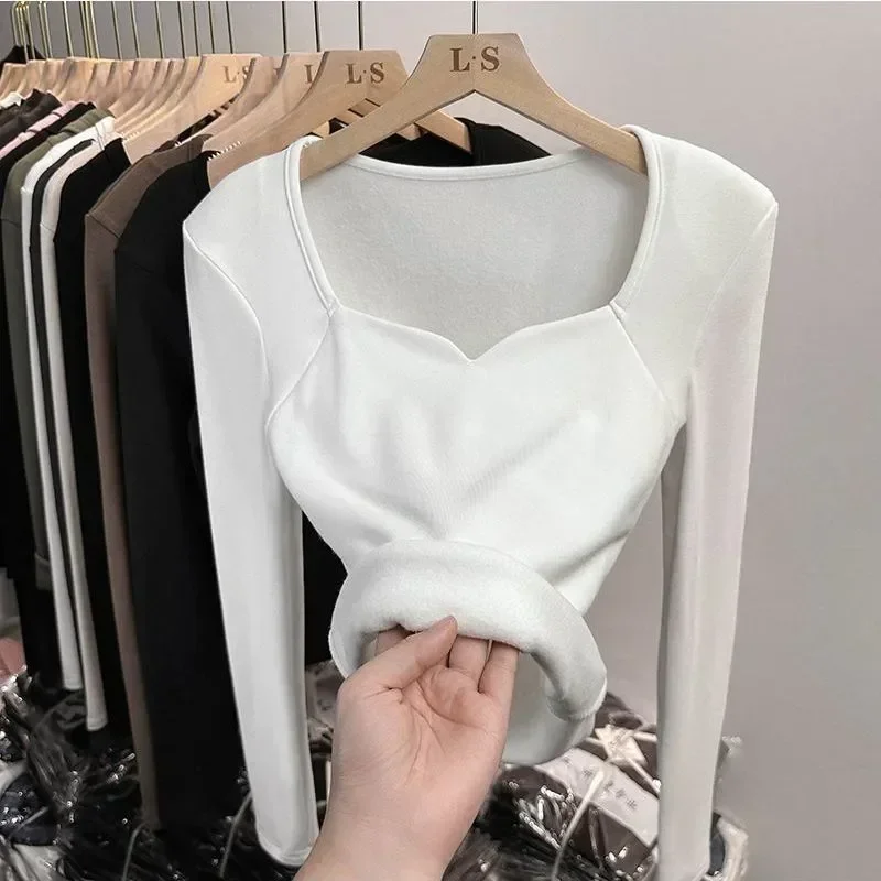 

Winter Sanding Warm T-shirt Women's Sleeve Top Square Short Clothing Autumn Matte And Long Neck Plush