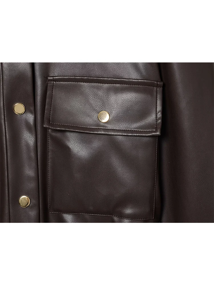 Vintage Women Pu Faux Leather Jacket With Belt Street Fashion Turn Down Collar Long Sleeve Pockets Coat Autumn Ladies Outerwear