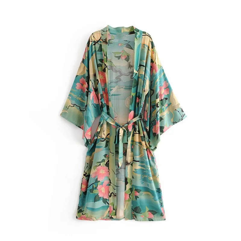 Happie Queens Vintage green Crane Floral Print Sashes  Women bohemian V Neck batwing Sleeves  happie robe Kimono cover-up plus size dresses Dresses