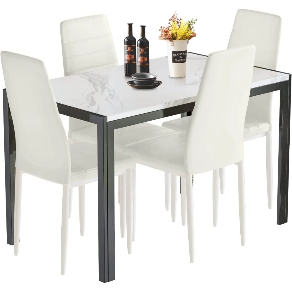 5-Piece Faux Marble Dining Table Set, Rectangular Table and 4 PU Leather Chairs, Dining Table Set for 4