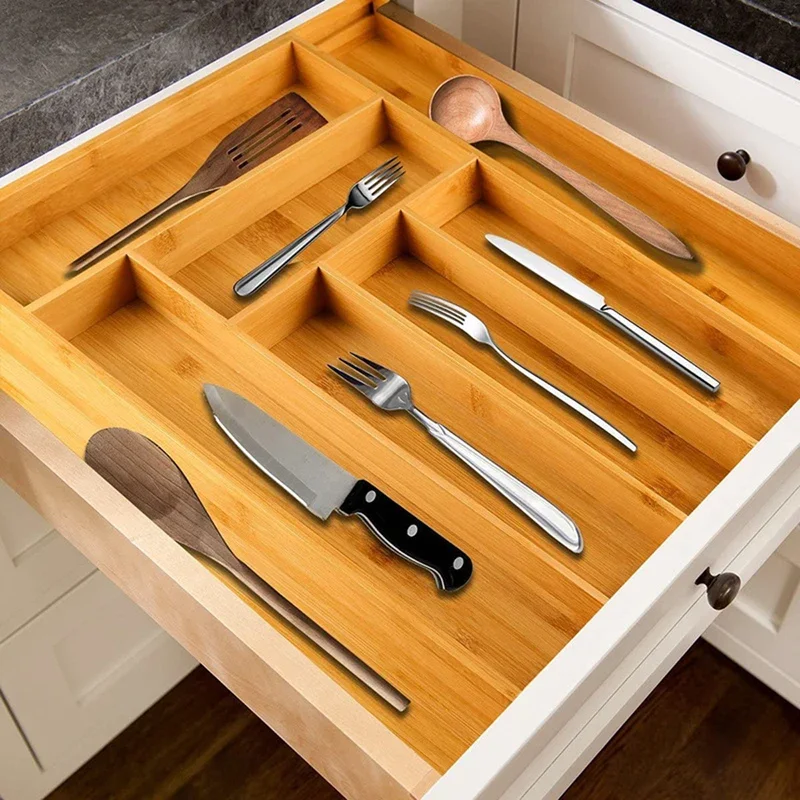 Organizador de cajones expandible para cubiertos de bambú, bandeja ajustable para cubiertos, separador de cajones de madera para cubiertos, utensilios de cocina - Image 3