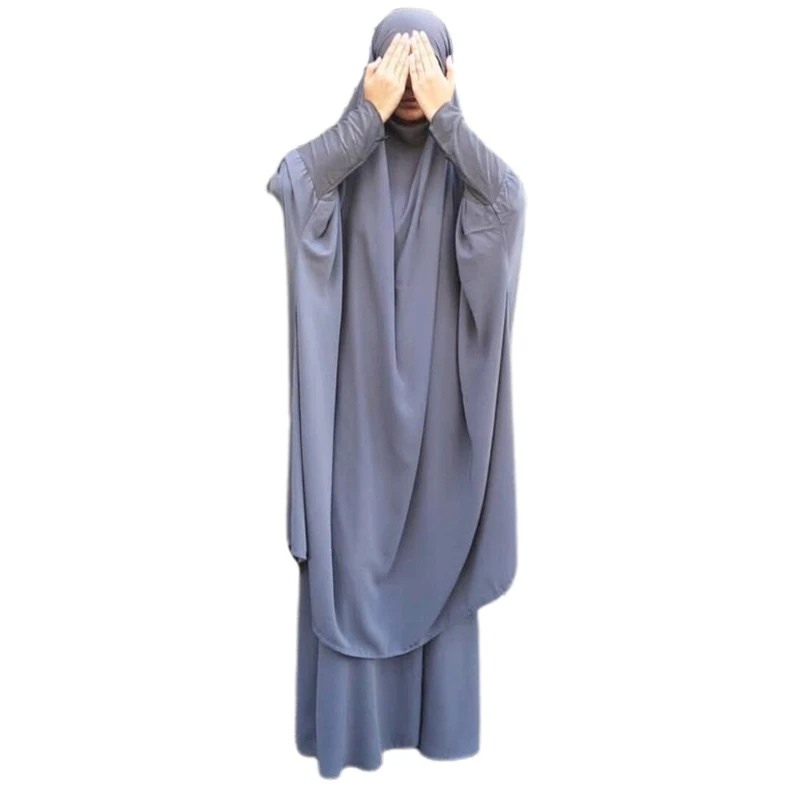 Womens 2 Pieces Muslim Prayer Dress Long Sleeve Hijab Scarf Khimar and Skirt Set Islamic Abaya Full Length Suit Ramadan Dropship