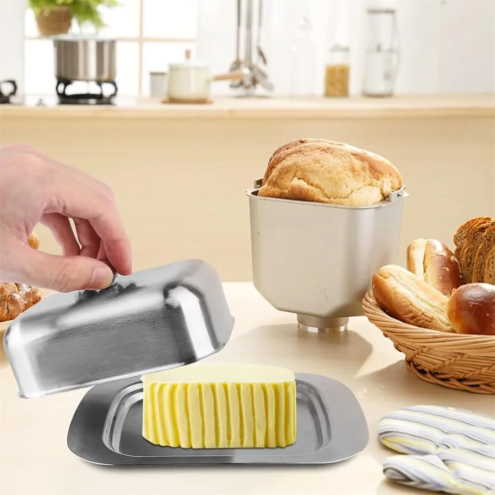 7 inch Butter Dish Solid Stainless Steel Butter Dish Cheese Container Cheese Storage Box Serving Tray Easy Grip Lid butter dish