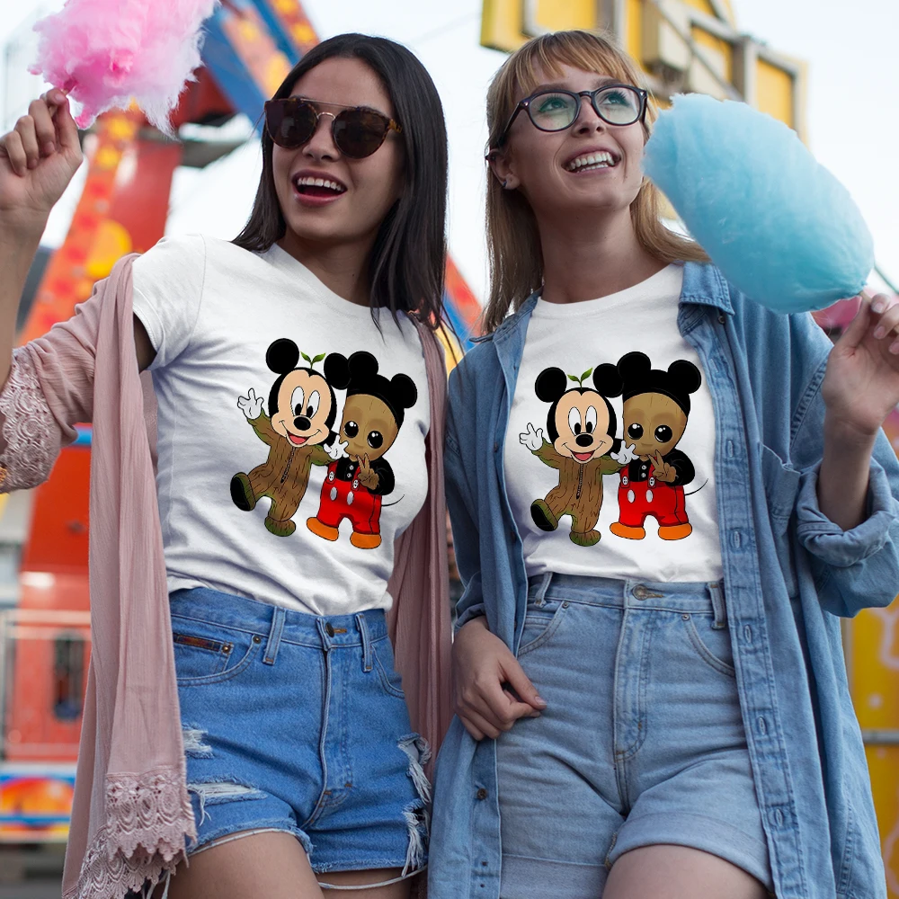 

Disney Kawaii Funny Women's T-shirt Mickey and Groot Swap Coats Creative Female Shirt Cartoon Cute Youthful Style Ladies Clothes