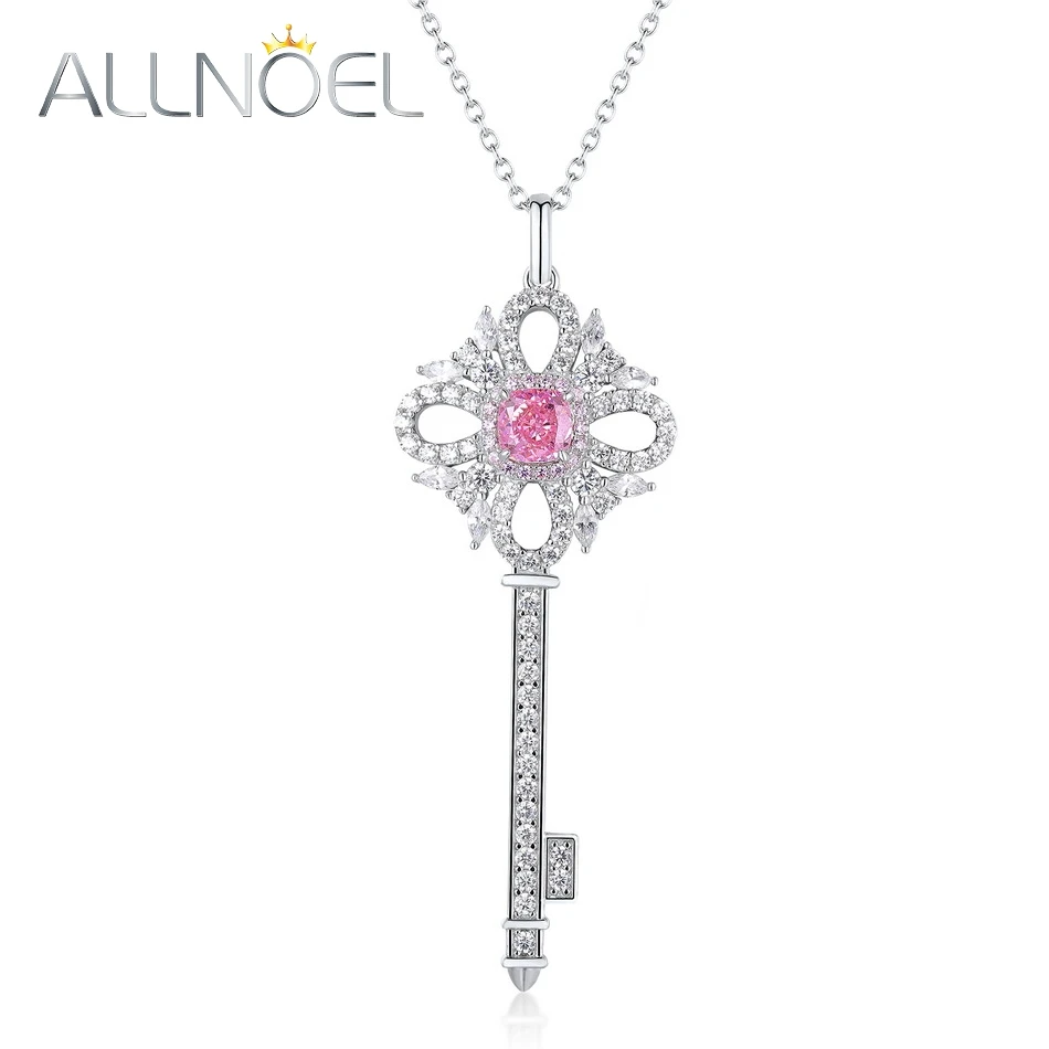 

ALLNOEL 925 Sterling Silver Key Pendant Necklace Women Round 4*4mm lab Created Diamond Blue Pink Yellow Gems Fine Jewelry Gifts