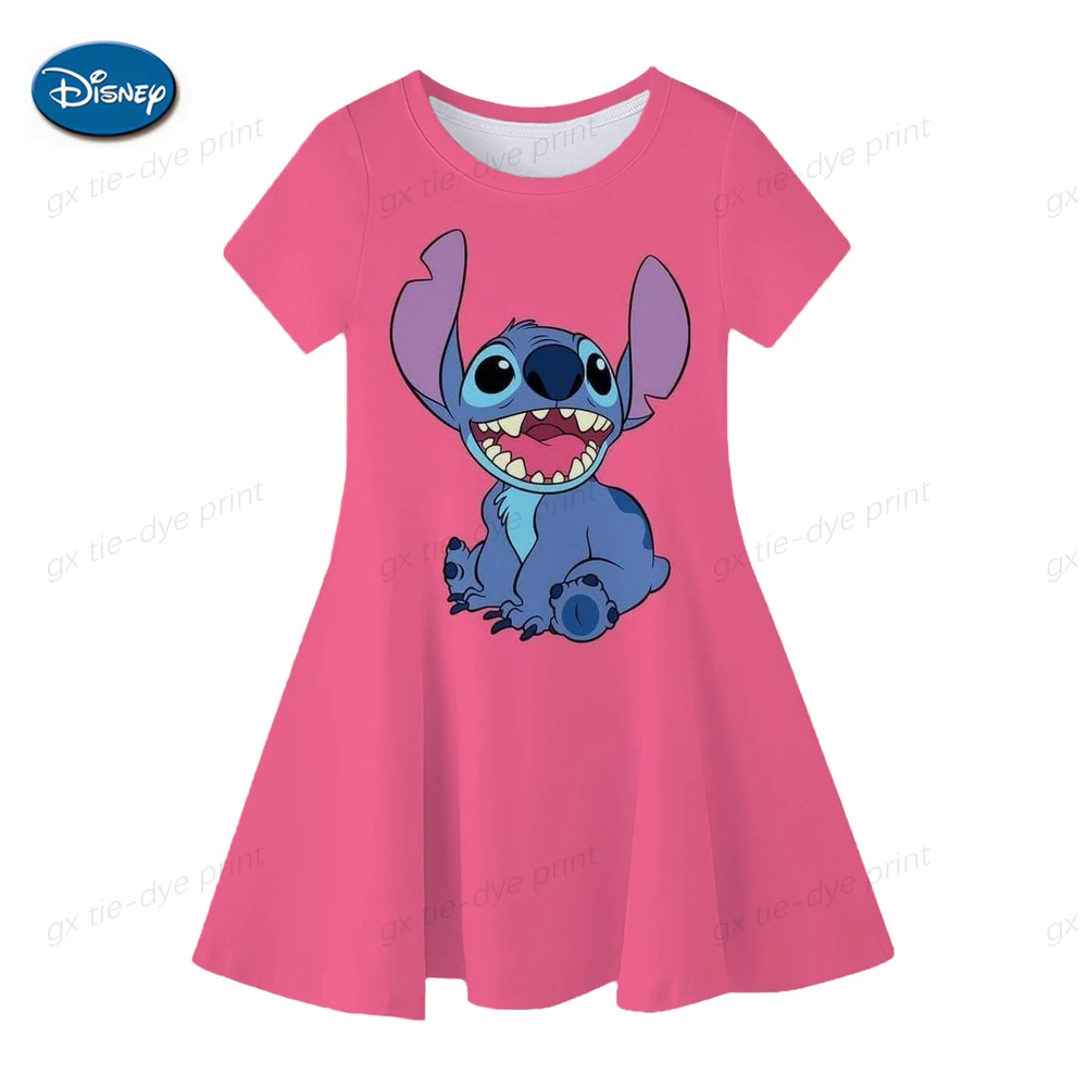 Disney Girls Dresses 2024 Summer Kids Children'S Manica Corta Cartoon Stitch Dress Fashion 2-14 Anni Girls Dresses