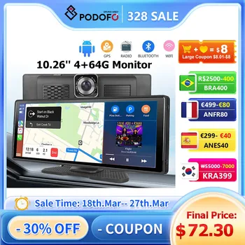 Podofo 자동차 모니터 무선 카플레이, 안드로이드 13, 10.26 인치 대시 보드 대시 캠, GPS 와이파이 전면 카메라 스마트 플레이어, 4 + 64G