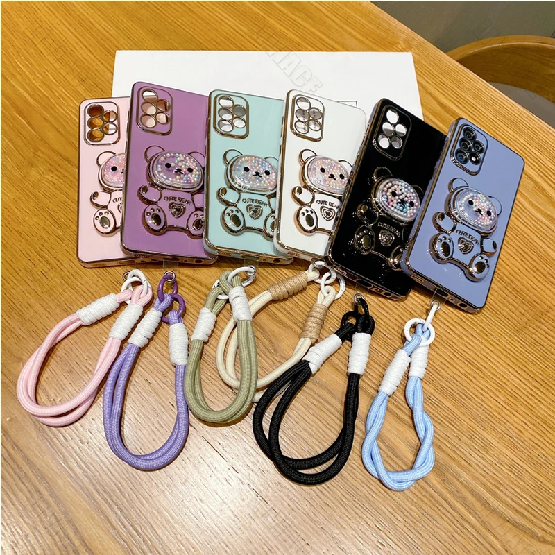 귀여운 곰 손목 스트랩 휴대폰 거치대 케이스, 삼성 갤럭시 A54, A14, A34, A32, A52, A23, A12, A33, A53, A13, 4G, 5G 스탠드 커버