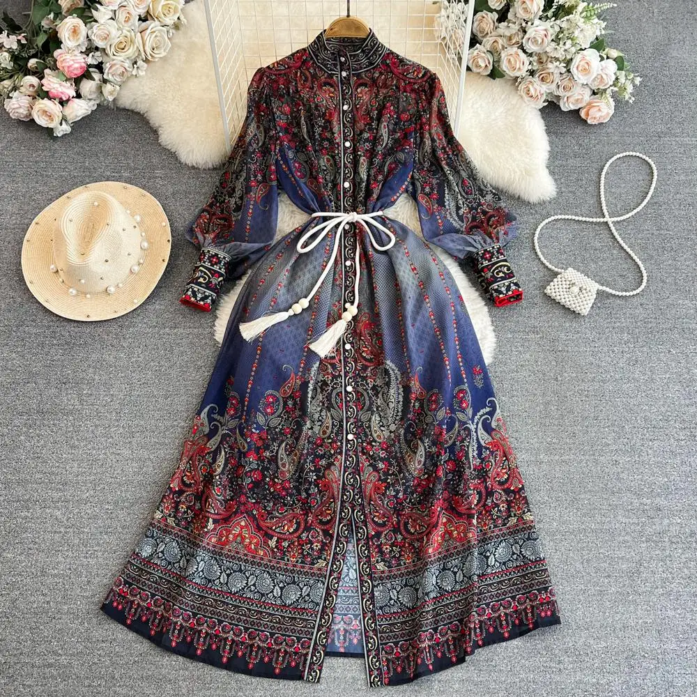 

Autumn Holiday Maxi Dress Women Clothing Turleneck Long Lantern Sleeve Flower Retro Print Belted Chiffon Loose Vestidos M2343