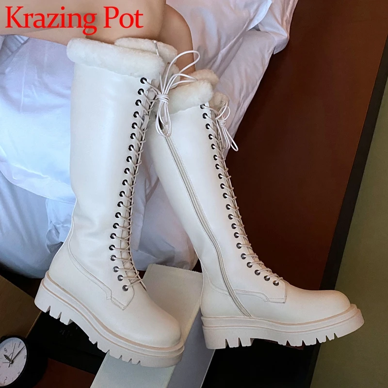 

Krazing Pot Wool Microfiber Round Toe Med Heels Snow Boots Big Size Keep Warm Fur Cross-tied Rivets Waterproof Thigh High Boots