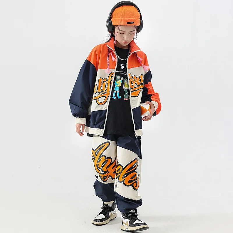 

Girls Jazz Modern Dance Costume Letter Print Patchwork Jacket Elasticated Waist Sweatpant Hip Hop Dance Performance Rave Clothes