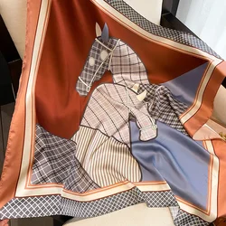 Luxury Brand Square Silk Scarf Women 90*90cm Horse Print Hijab Scarves  Bandana Female Shawl Wrap Headband Foulard
