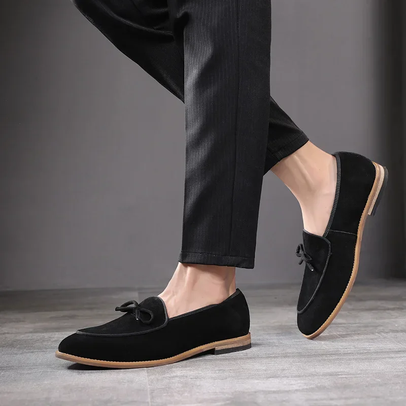 Men's Casual Shoes Suede Genuine Leather Men Trendy Bowknot Party Wedding Loafers Moccasins Mens Driving Flats
