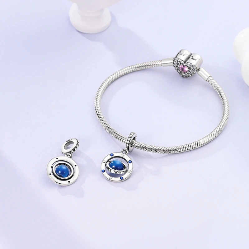 Blue 925 Sterling Silver Galaxy Star & Moon Murano Charm Fit Original Bracelet Lucky Cyan Clover Charm DIY Necklace Jewelry 4