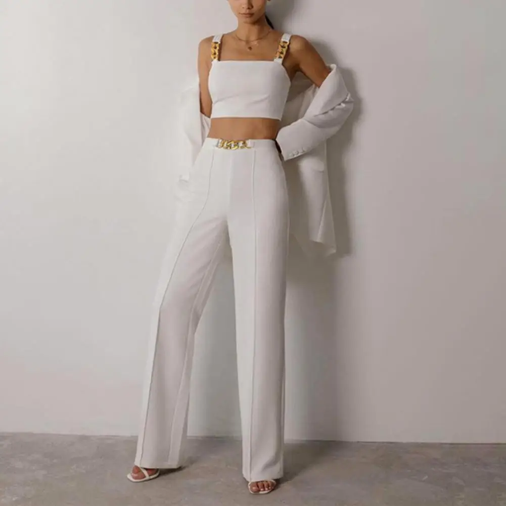 2pcs/set Pant Suits Women Outfits Solid Color Metal Chain Sleeveless Vest Top Long Straight