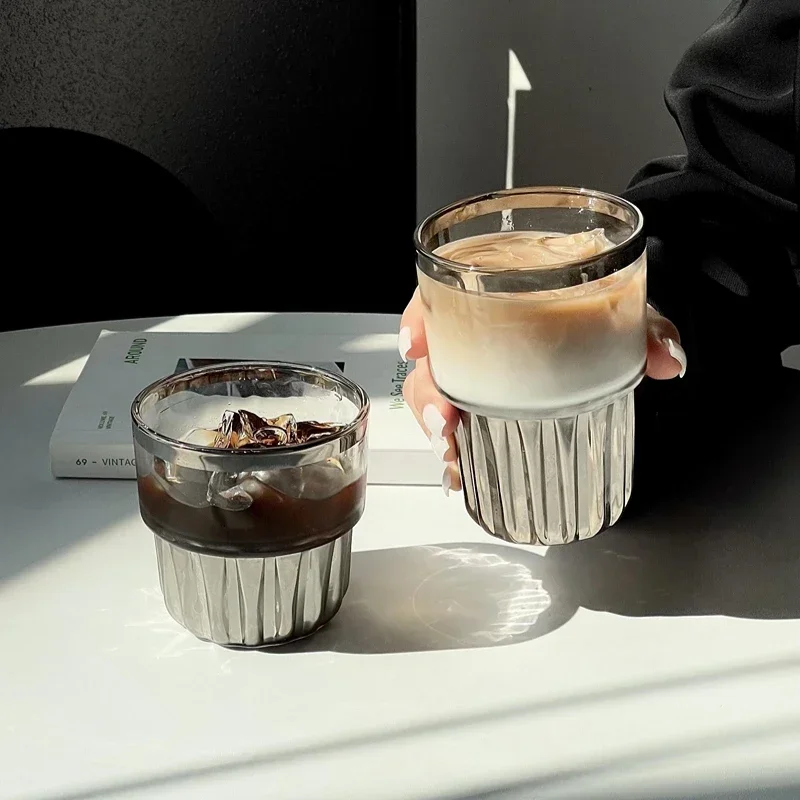 American Coffee Glass Cups Creative Vertical Pattern Water Cup Silver Milk Glasses Cold Brew Coffee Juice Cups Drinkware Tools