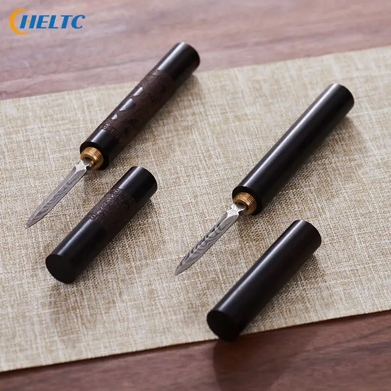 Tea Knife Needle Pick Stainless Ebony Chinese Puer Tea Needle Cutter Damascus Knife Pick Wooden Handle Teaware