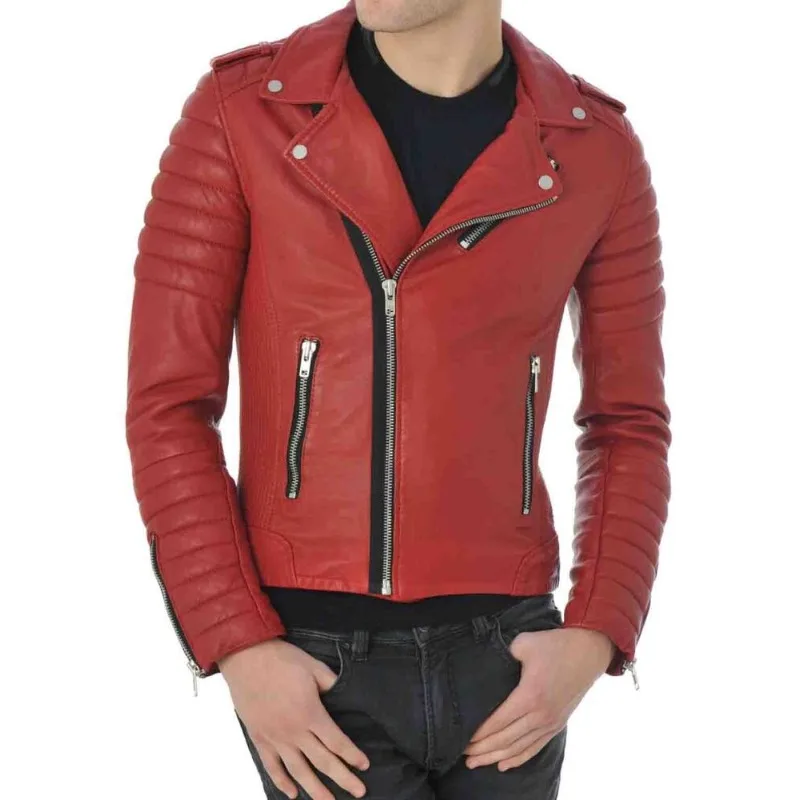 Red Leather Jacket Men's Fashion Rider Sheepskin European and American Fashion Trend men s authentic sheepskin leather jacket blue rider denim shirt style jacket european and american fashion trend