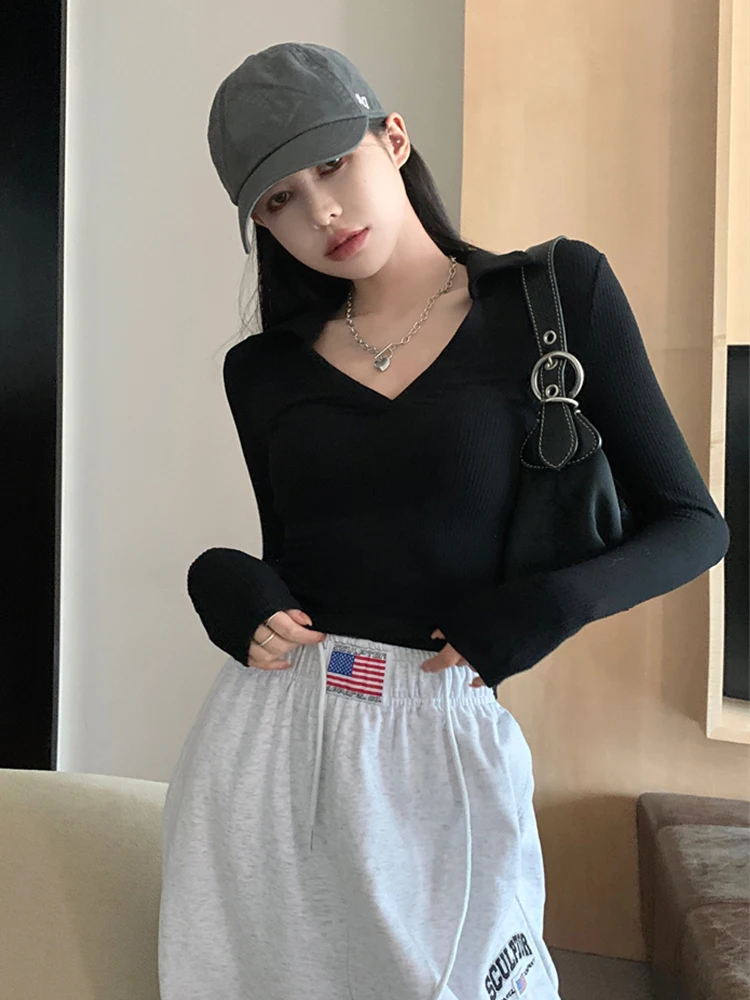 

Female Harajuku Vintage V-neck Slim Fit Long Sleeve T-shirt Women's T-shirts Tops Japanese Ladies Ulzzang Clothes For Women