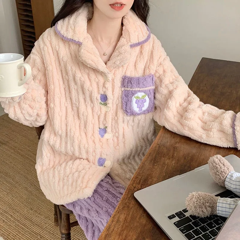 2023 New Pajama Women Autumn Winter Sleepwear Thickened Cute Flannel V-neck Homewear Princess Style Warm Loungewear Set