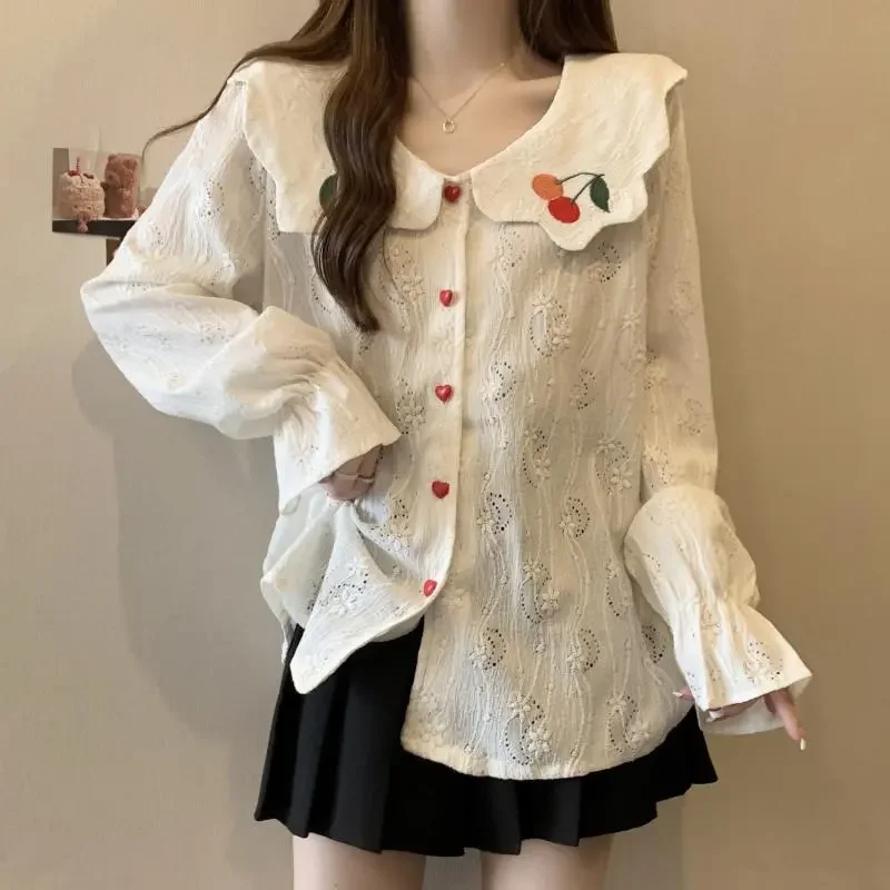 DAYIFUN-Women's Oversized Cherry Embroidered Blouses Loose Shirts Long Sleeve Doll Neck Sweet Spring Autumn Blusas Ins Tops