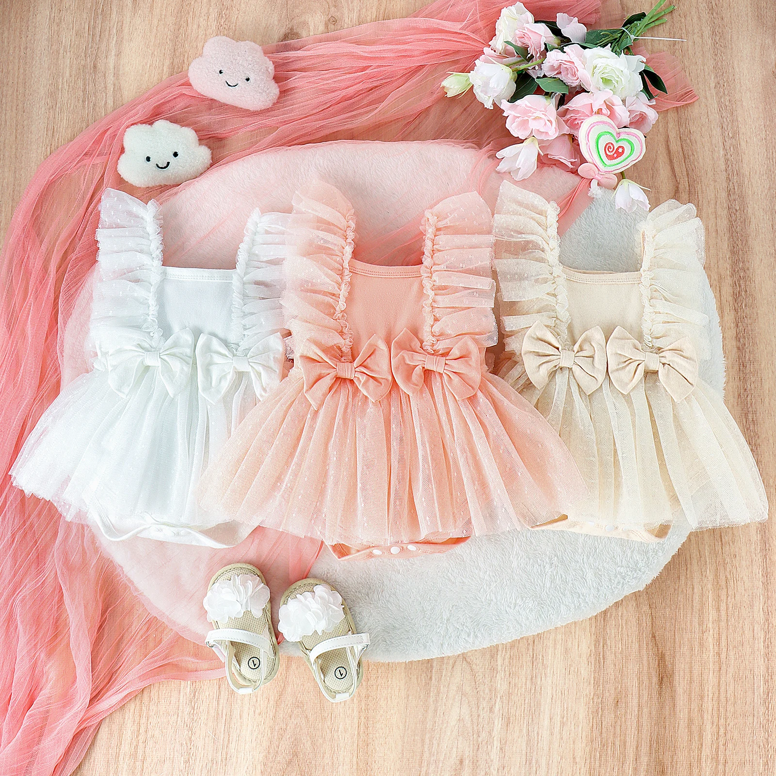 

Princess Infant Baby Girls Tulle Romper Dress Dot Print Flying Sleeve Square Neck Bow Lace Bodyuits Jumpsuit Sunsuits