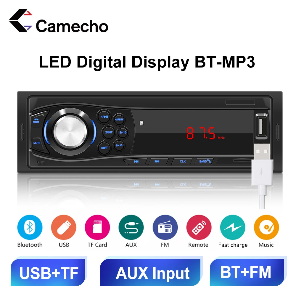 Camecho Car Radio Stereo Player Digital Bluetooth Car Mp3 Multimedia Player Fm Audio Usb/Tf In Dash 12V Aux Input Vivavoce