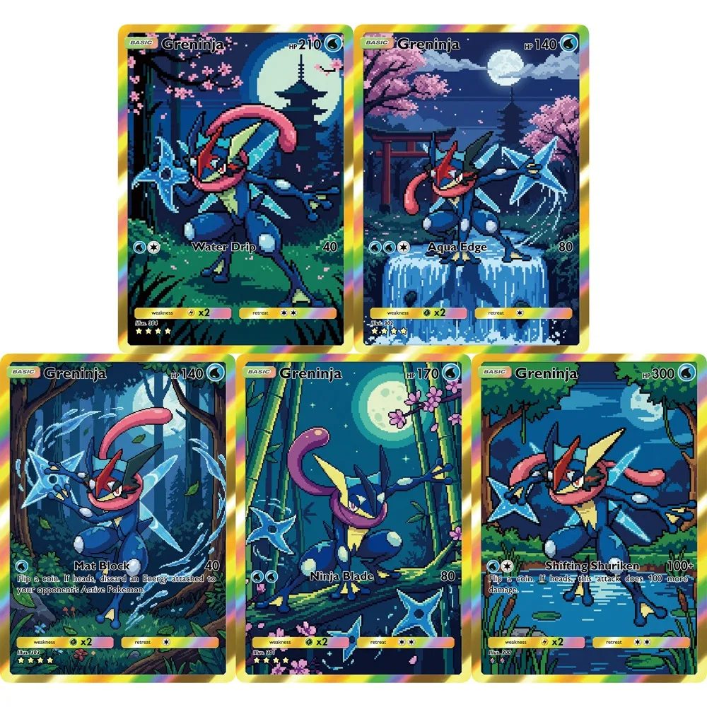 5 Stück Pokemon PTCG-Karten im Holo-Pixel-Stil, Greninja-Karten, Ultra Rare Collection, Kreativität, coole Hobby-Spielkarten, Pokemon-Geschenk