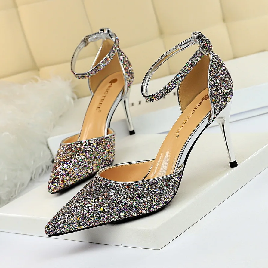 thumbnail image 1 of Zapatos de tacón alto sexys para mujer, de discoteca, con boca poco profunda, puntiagudos, de metal, de una sola línea, con lentejuelas, sandalias huecas, zapatos de tacón para mujer, 1 of 5