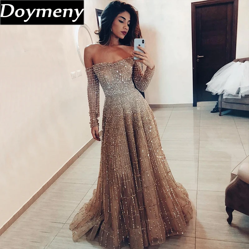 

Doymeny Women’s Luxury Beaded Prom Dresses Sequined Off Shoulder Tulle Cocktail Formal Evening Party Gowns de galaفساتين السهرة