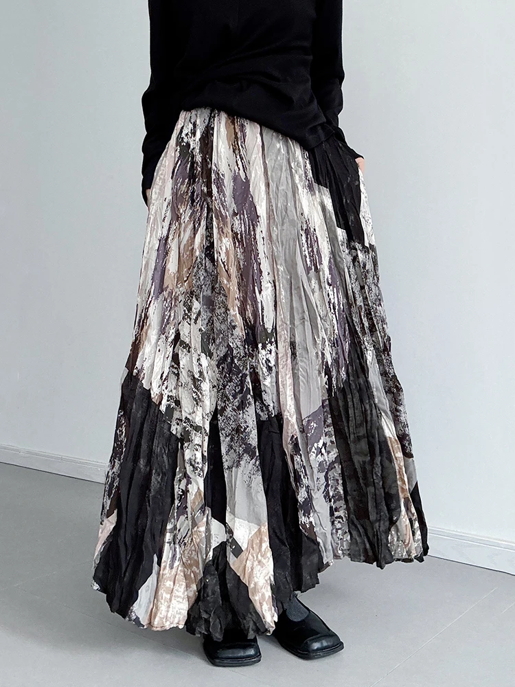 [EAM] High Elastic Waist Printed Pleated Elegant A-line Half-body Skirt Women Fashion Tide New Spring Autumn 2026 1DJ5417